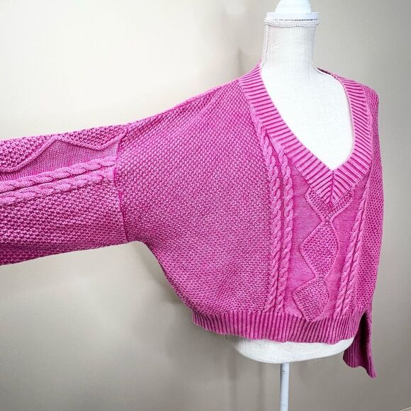 POL Mineral Washed Pink Cable Knit Relaxed Fit Sweater Medium - Picture 4 of 11